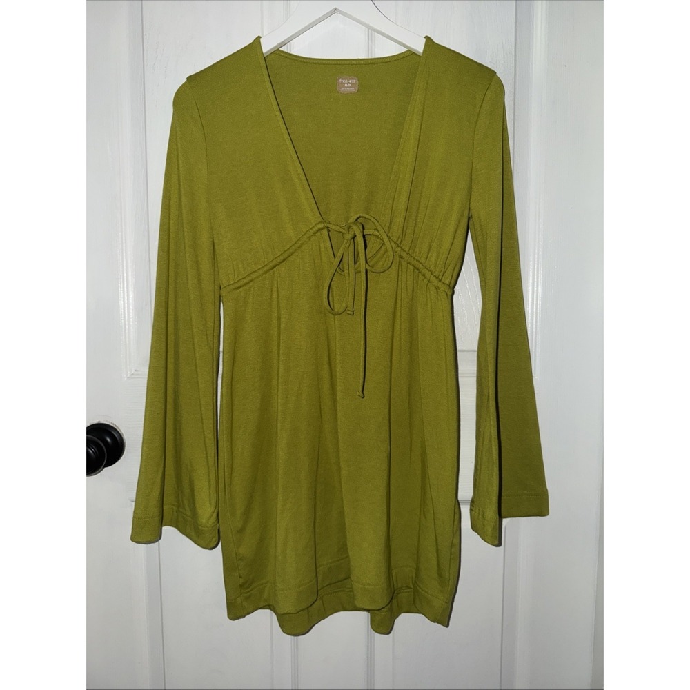 Free People EST Good Feels Long-Sleeve Plunge Mini Dress Sz XS Boho Flare Sleeve - Picture 2 of 8